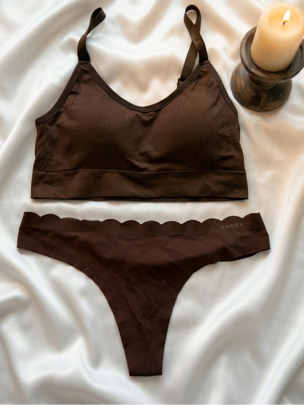 NEVER WORN!!! NWOT! Danskin Chocolate Brown Seamless Bralette & Scalloped Thong